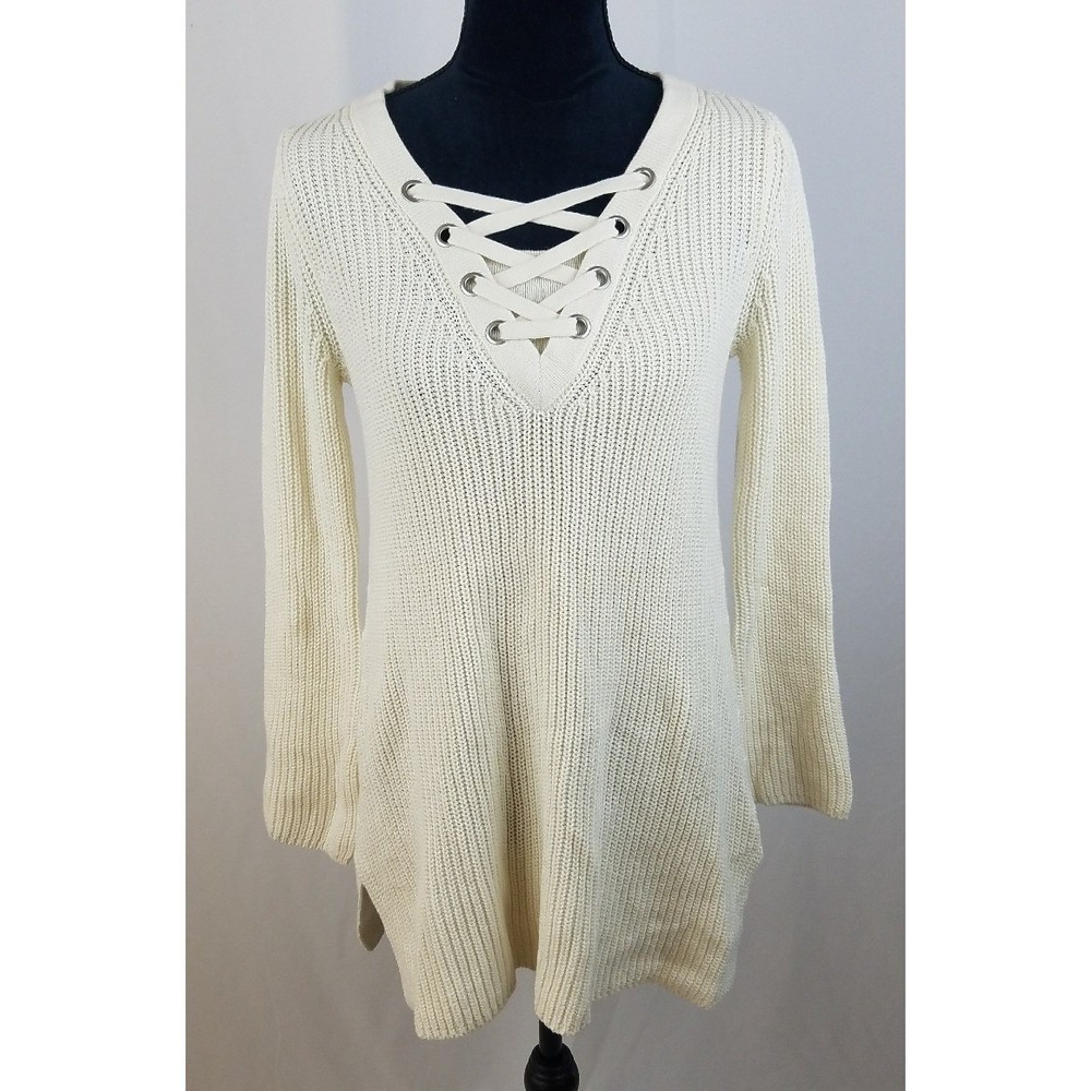 Style&Co. women XS cream tunic sweater lace up chunky knit costal minimalist